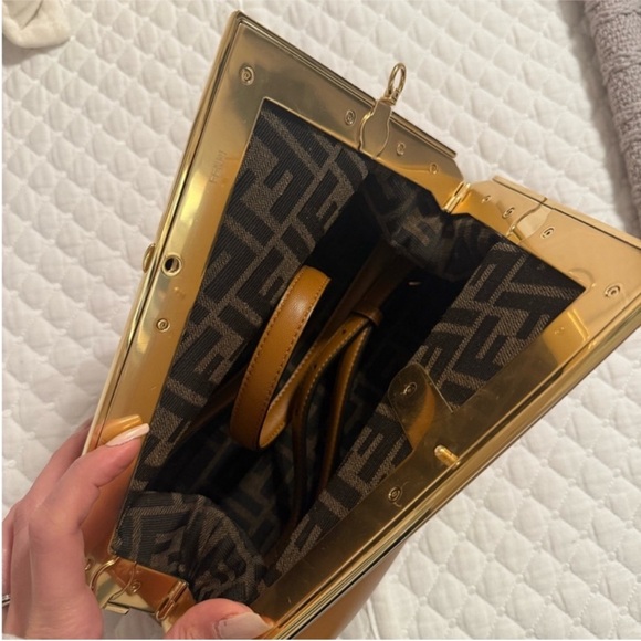 FENDI First Midi Nappa Leather Clutch Brown Camel Gold Hardware - Picture 9 of 12